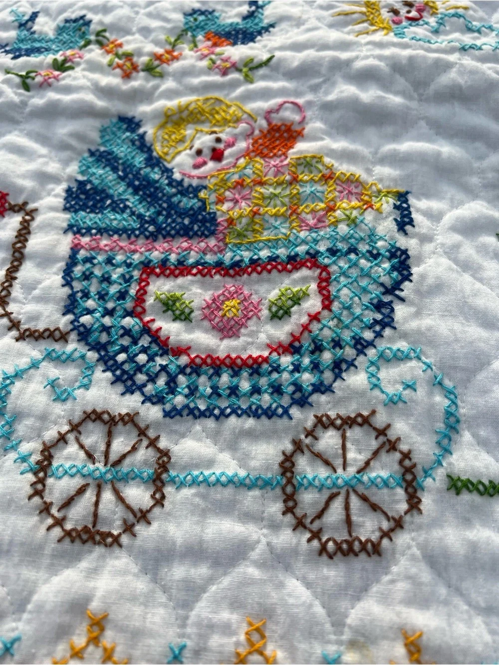Hand-Embroidered Alphabet Sampler Quilt - Pastel & Primary Floral Motifs